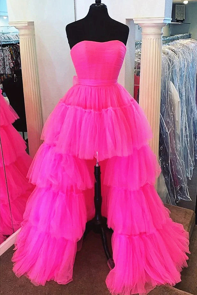 Hot Pink A Line Tulle High Low Prom Dresses, Formal Evening Dresses OK1912