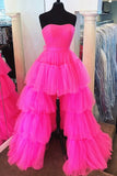 Hot Pink A Line Tulle High Low Prom Dresses, Formal Evening Dresses OK1912