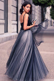 Charming V Neck Sleeveless Spaghetti Straps Navy Blue Ball Gown Prom Dresses OKG29