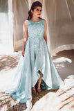 Gorgeous Satin Beautiful Sleeveless High Low Prom Dresses With Lace OKI43