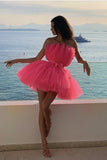 A Line Hot Pink Tulle Strapless Homecoming Dresses Short Prom Dress OKX98