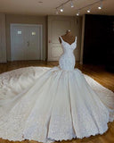 Vintage V-neck Royal Train Satin Mermaid Wedding Dress With Lace Appliques OKE35