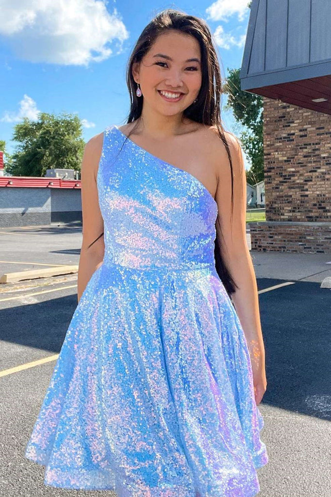 Short Blue One Shoulder Sequined A Line Graduation Homecoming Dress OK1579