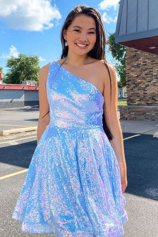 Short Blue One Shoulder Sequined A Line Graduation Homecoming Dress OK1579