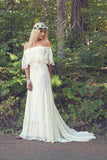 Ivory Chiffon A-line Off-the-Shoulder Bohemian Lace Beach Wedding Dresses OK1814
