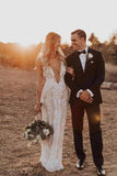 Ivory Lace Sheath Deep V-neck Floor-length Wedding Dress Bridal Gowns OK1135