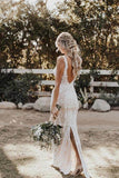 Ivory Lace Sheath Deep V-neck Floor-length Wedding Dress Bridal Gowns OK1135