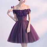 Cute A line Purple Homecoming Dress,Off-shoulder Short Sexy Appliqued Prom Dress OK379