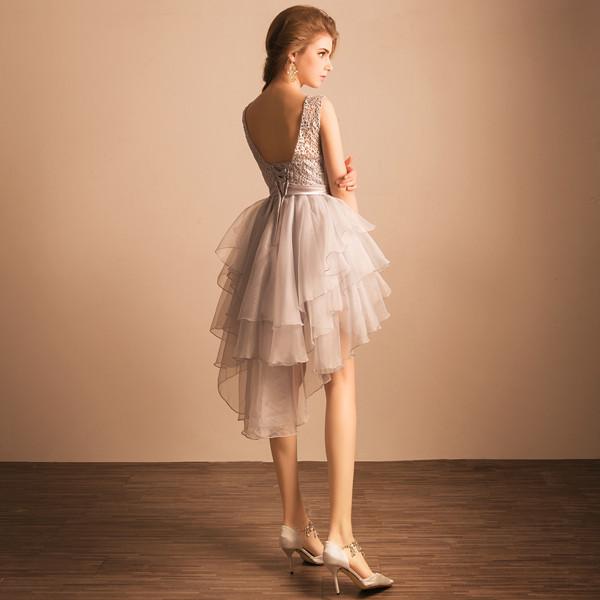 New Elegant Homecoming Dress Asymmetrical Silver Lace Short Sexy Prom Dress OK364