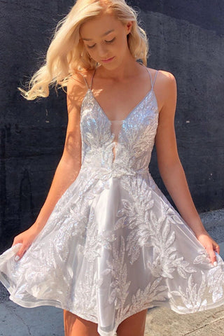 Silver V-Neck Luxury Beaded A Line Short Prom Dress Homecoming Dress OK1597