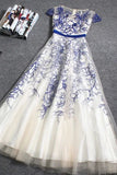 Beautiful Embroidery A-line Cap Sleeves Tulle Long Prom Dress Evening Dress OKT41