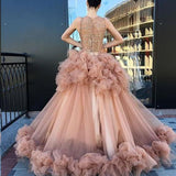 Ball Gown Scoop Ruffles Tulle Long Beautiful Beading Prom Dresses,Quinceanera Dresses OKG26