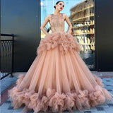 Ball Gown Scoop Ruffles Tulle Long Beautiful Beading Prom Dresses,Quinceanera Dresses OKG26