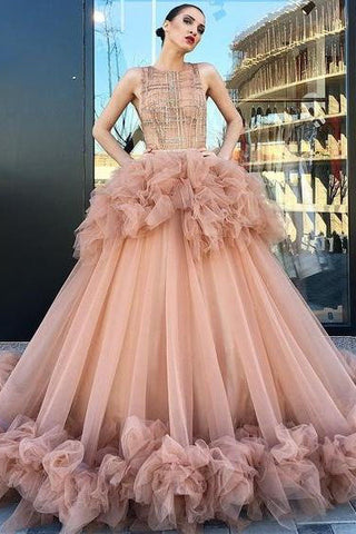 Ball Gown Scoop Ruffles Tulle Long Beautiful Beading Prom Dresses,Quinceanera Dresses OKG26