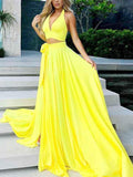 Two Piece A Line Yellow Cheap Long Prom Dress Sexy Formal Evening Dresses OKG14