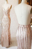 Mermaid Spaghetti Straps Rose Gold Long Simple Prom Dress with Sequins OKD75