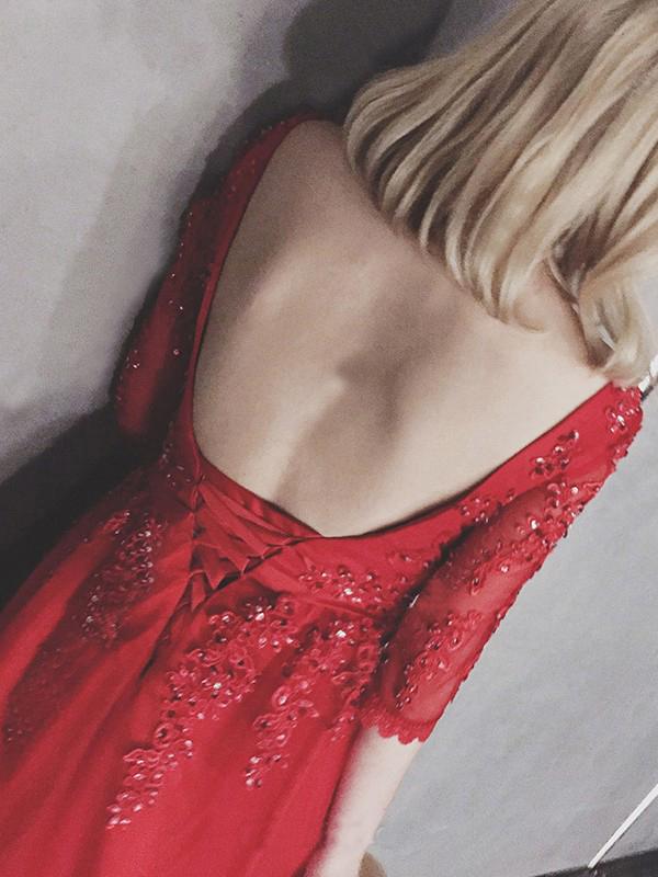 Red Bateau Floor-length Appliques Half Sleeves Long Prom Dress Evening Dress OKS49