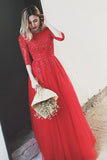 Red Bateau Floor-length Appliques Half Sleeves Long Prom Dress Evening Dress OKS49