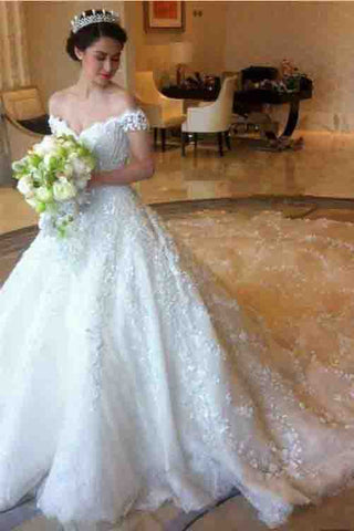 Ball Gown Romantic Long Train Luxury Off the Shoulder Wedding Dress OKE97