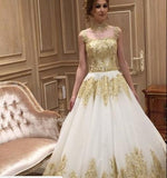 Beautiful Long Train High Neck Romantic Gold Appliques Wedding Dress OKE96