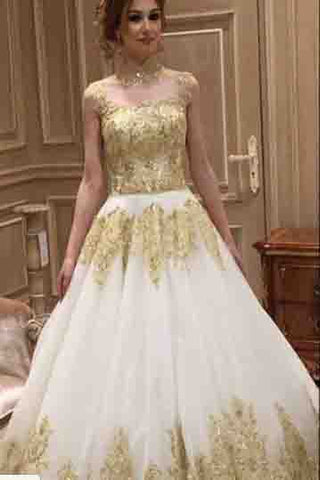 Beautiful Long Train High Neck Romantic Gold Appliques Wedding Dress OKE96