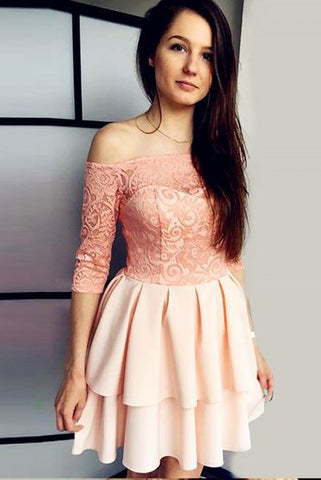 Off-the-Shoulder 3/4 Sleeves A Line Short Homecoming Dress with Lace OKE4