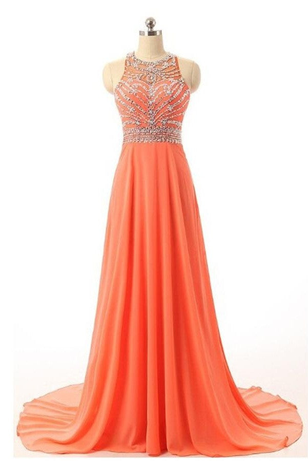 Cap Sleeves Orange Long Chiffon Beading Prom Dresses K102