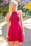 new Hot Sale Short Red Lace Halter Cute Cheap Homecoming Dress K138