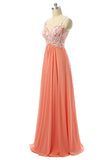 Beautiful Coral Chiffon White Lace Long Prom Dress With Straps K147