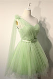 Pretty Elegant Sage Short One Shoulder Tulle Homecoming Dress With Belt K222