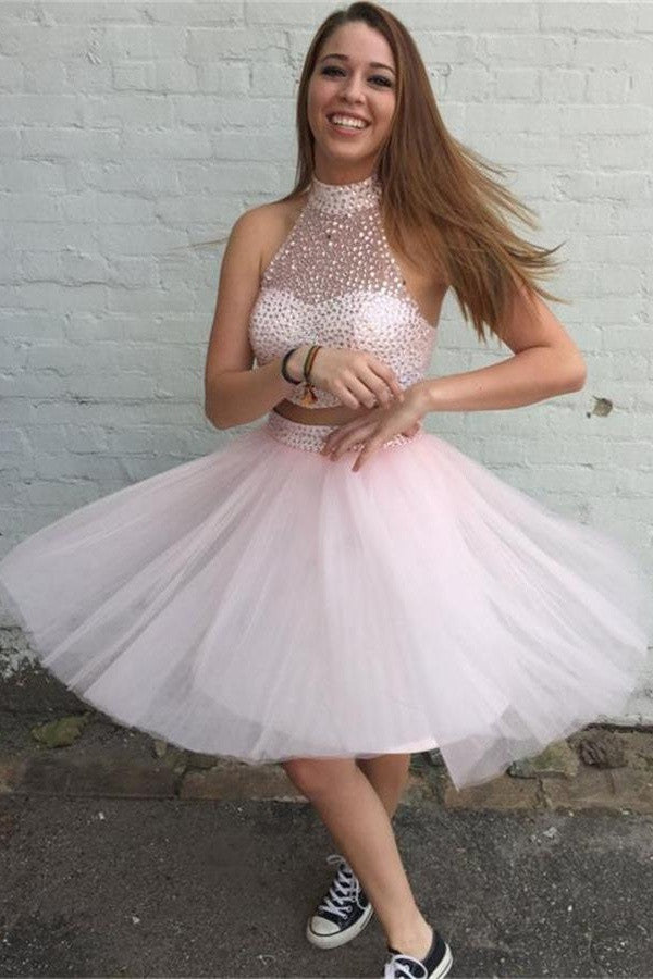 Girly Two Pieces Pink Beaded Halter Homecoming Dress K256