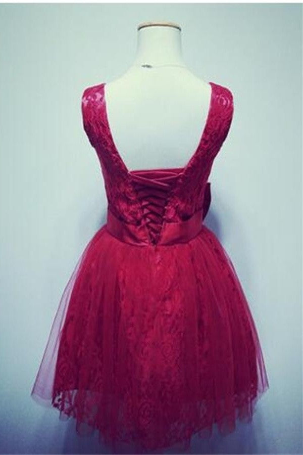 Red V-neck Lace Short Lace Up Open Back Homecoming Dress K159