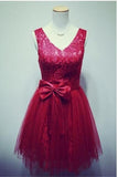 Red V-neck Lace Short Lace Up Open Back Homecoming Dress K159