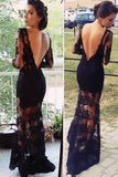 Real Sexy Black Long Sleeves Lace Backless See Through Prom Dress K47