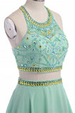 Pretty Mint Green Long Chiffon Beading Backless Prom Dress With Spaghetti K77