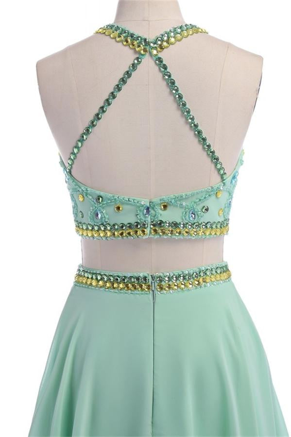 Pretty Mint Green Long Chiffon Beading Backless Prom Dress With Spaghetti K77