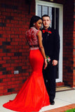 Red Beading 2 Pieces High Neck Long Mermaid Prom Dress K83