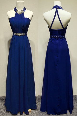 Royal Blue Halter Beading Backless Pretty Long Prom Dress K90