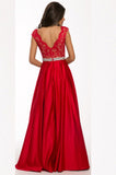 Sexy V-neck Long Satin Lace Red Simple Open Back Prom Dress K94