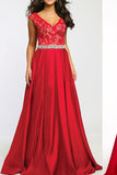 Sexy V-neck Long Satin Lace Red Simple Open Back Prom Dress K94