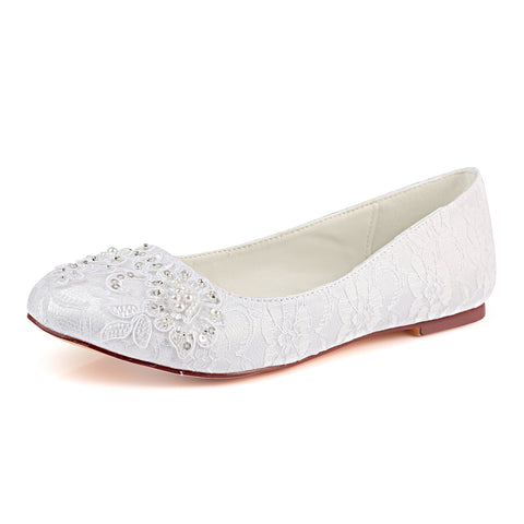 Ivory Flat Lace Wedding Shoe, Fashion Beading Bridal Shoes L-929