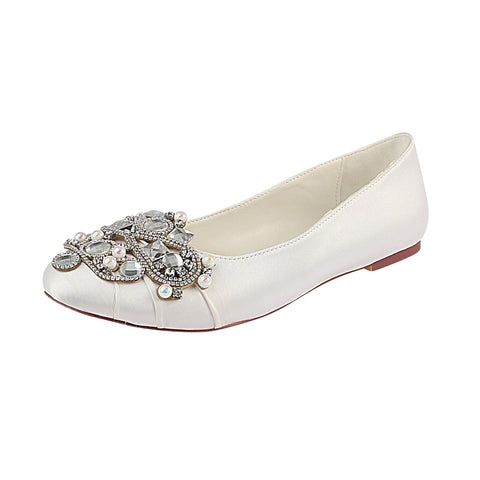 Ivory Flat Beading Wedding Shoes, Satin Wedding Party Shoe For Women L-930