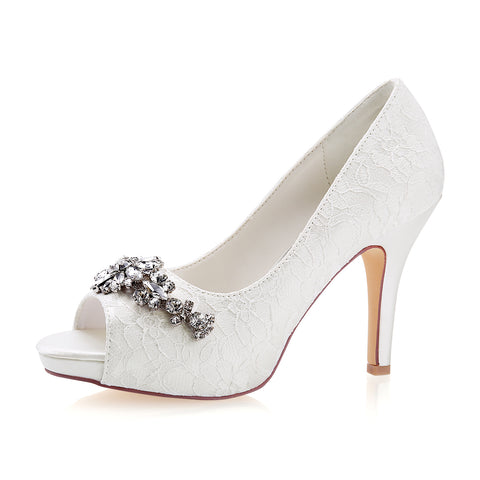 Ivory High Heels Lace Wedding Shoes with Rhinestones, Fashion Wedding Party Shoes L-935