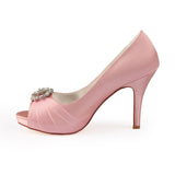 Pink High Heels Wedding Shoes with Rhinestones, Cheap Peep Toe Wedding Woman Shoes L-936