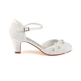 Ivory Ankle Straps Wedding Shoes with Rhinestones, Lace Wedding Party Shoes L-938
