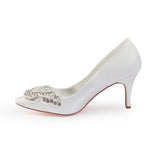 Ivory High Heels Wedding Shoes with Rhinestones, Cheap Satin Wedding Party Shoes L-940
