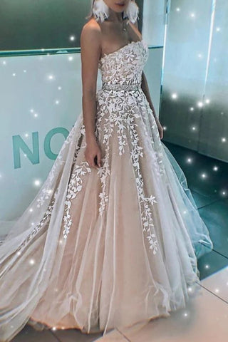 Best A Line Strapless Lace Appliqued Beaded Formal Prom Dress Evening Grad Dress OKU57