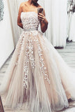 Fashion A-line Strapless Lace Appliques Beaded Formal Prom Dress Evening Grad Dress OKU57