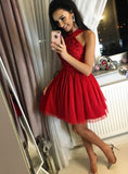 Cute A-Line Straps Red Homecoming Dress,Sleeveless Short Prom Dress With Sequins OK472