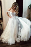 A-line Tulle Off the SHoulder Wedding Dress Lace Appliques Bride Dress OKV62